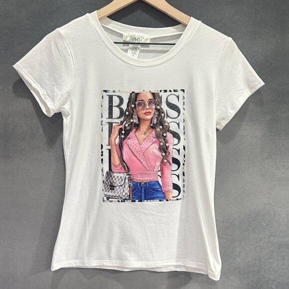 Boss Babe Rhinestone Graphic Tee Womens Size Small White Crewneck Short Sleeve - Picture 1 of 8